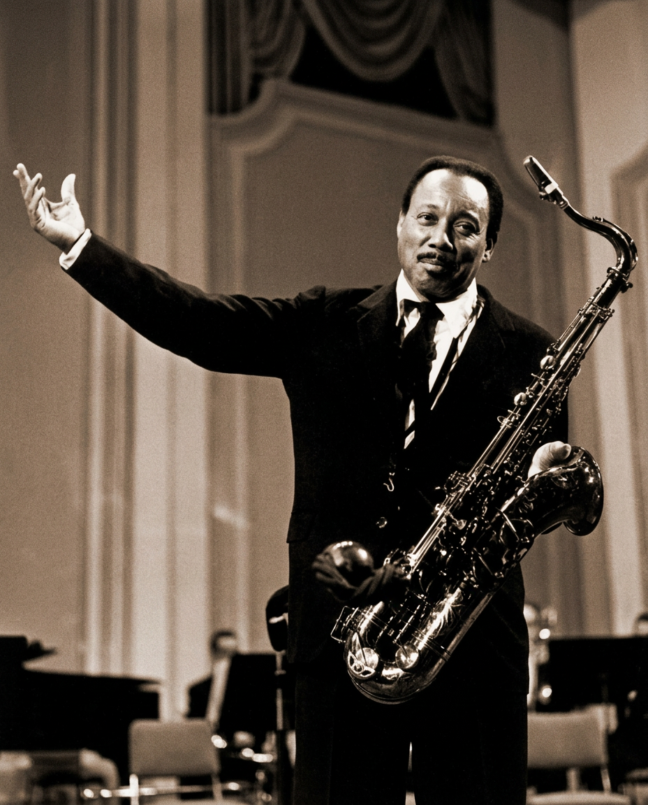 Lucky Thompson on stage in a dark suit and tie, holding a tenor saxophone with his arm extended in a gesture of performance