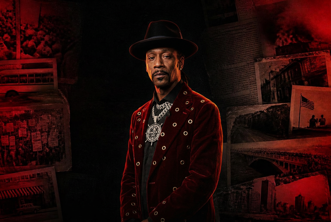 Katt Williams portrait against a collage of archival Black history photographs, sheet music and newspaper fragments