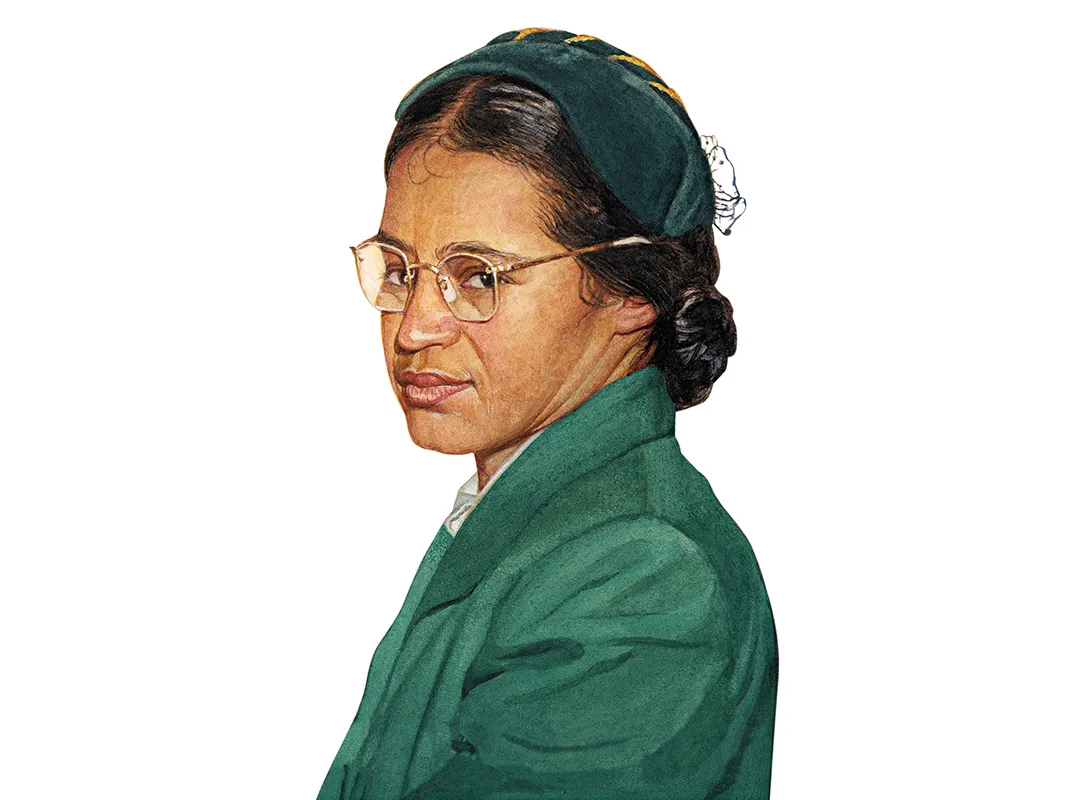 Illustrated portrait of Rosa Parks in a green coat and headwrap with gold-rimmed glasses, rendered in watercolor style