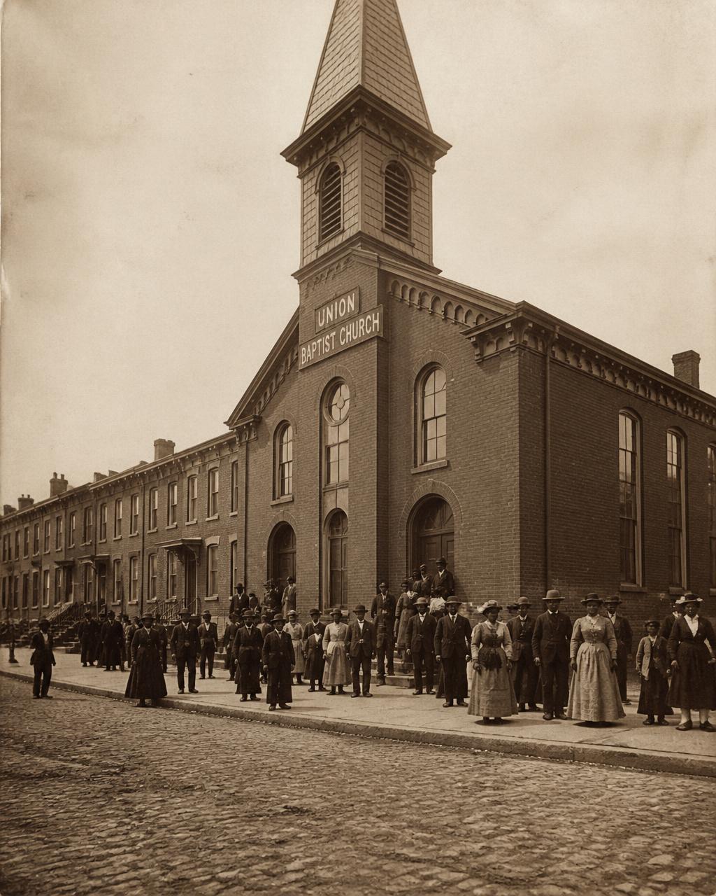 Archival photograph of Union Baptist Church and the surrounding West Baltimore rowhouse block, congregation gathered on the cobblestone street